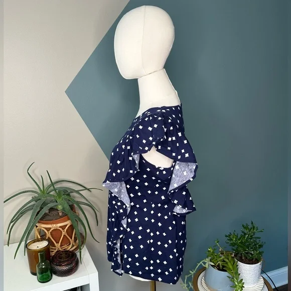 Vineyard Vines Ruffle Sleeve Cotton Top Navy White Dot Print Size M - Picture 3 of 11